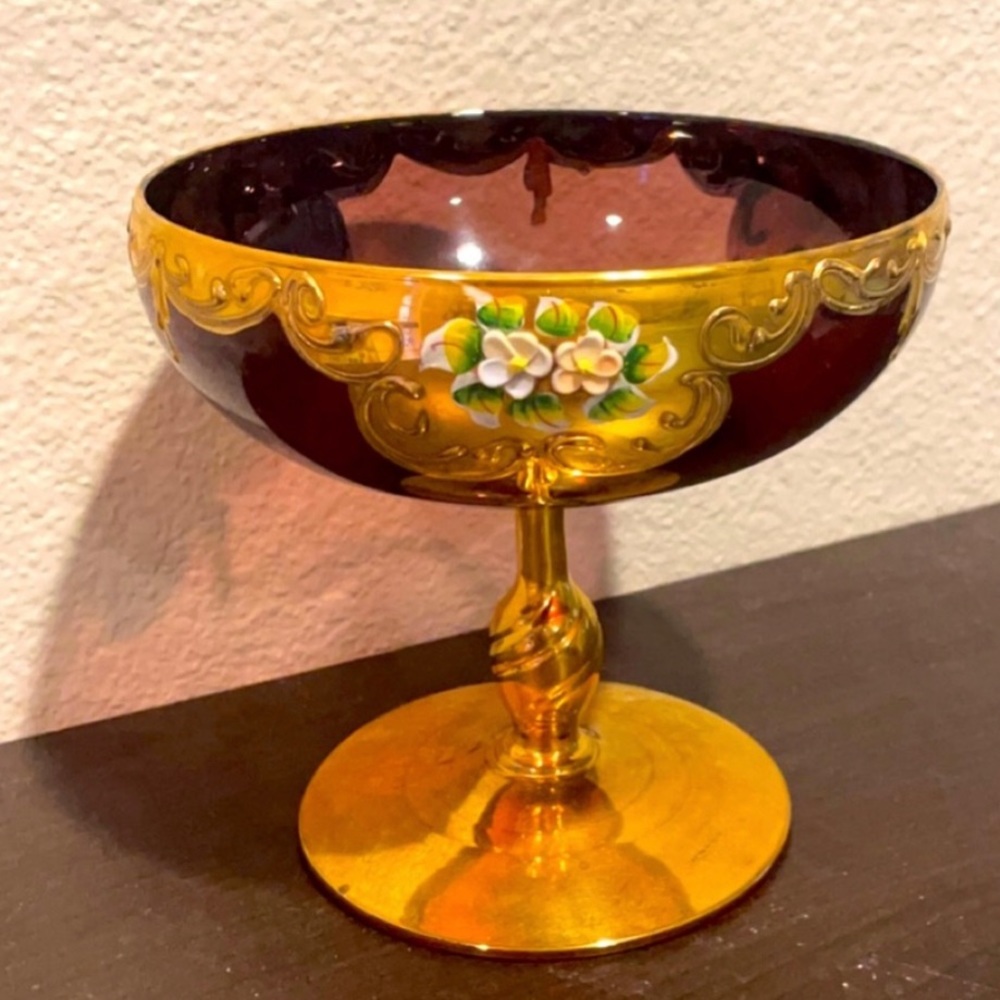 Vintage Handpainted Burgundy And Gold Glass Challis